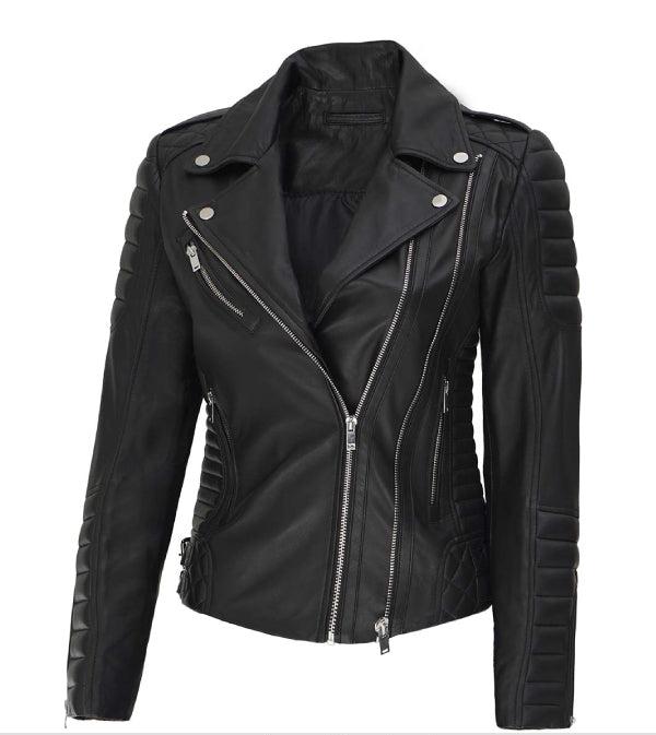 Jnriver JNLJ0086 Lucille Black Quilted Asymmetrical Leather Biker Jacket for Women