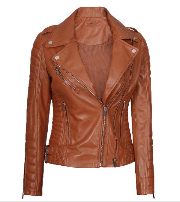 Jnriver JNLJ0087 Lucille Tan Quilted Asymmetrical Leather Biker Jacket for Women