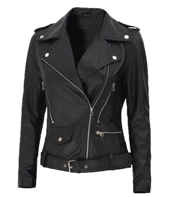 Jnriver JNLJ0088 Marcella Asymmetrical Black Leather Jacket for Women