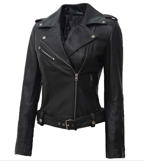 Jnriver JNLJ0089 Margaret Womens Black Asymmetrical Leather Biker Jacket