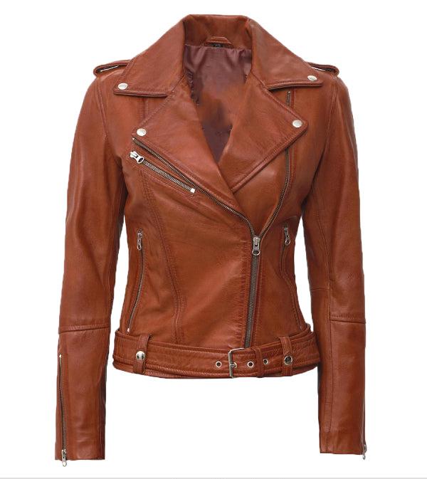 Jnriver JNLJ0091 Margaret Womens Tan  Asymmetrical Leather Biker Jacket
