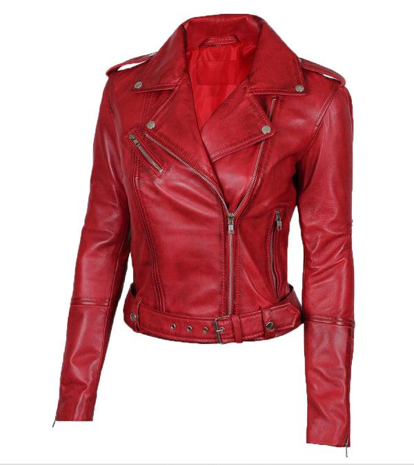 Jnriver JNLJ0092 Margaret Womens Red  Asymmetrical Leather Biker Jacket