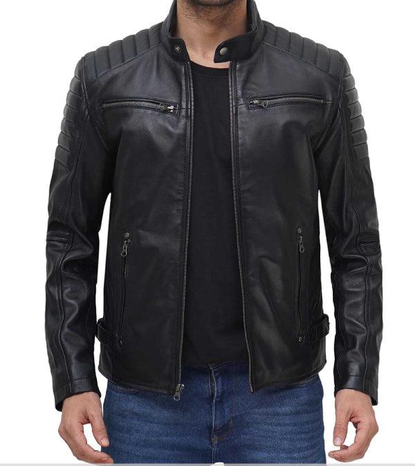 Jnriver JNLJ0100 Mens Black Cafe Racer Leather Jacket With Padding