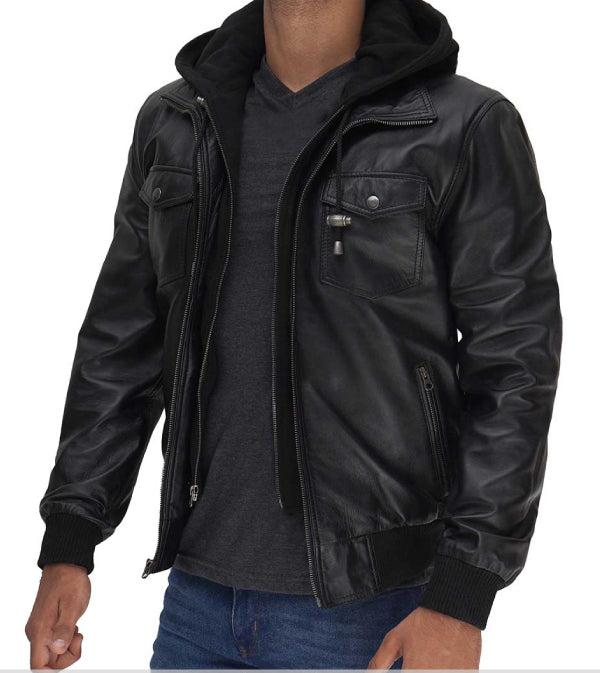 Jnriver JNLJ0101 Men's Black Leather Bomber Jacket With Removable Hood