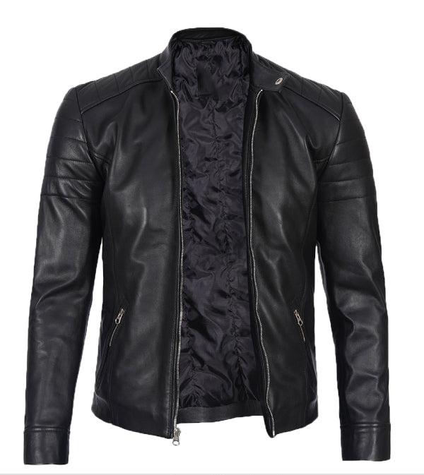 Jnriver JNLJ0102 Mens Black Leather Cafe Racer Jacket With Snap Button Collar