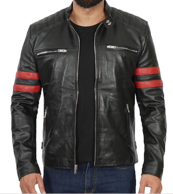 Jnriver JNLJ0103 Mens Black Quilted Red Stripe Cafe Racer Leather Motorcycle Jacket