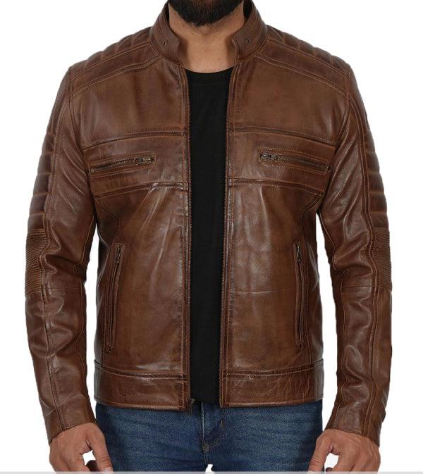 Jnriver JNLJ0108 Austin Men's Distressed Brown Leather Cafe Racer Jacket