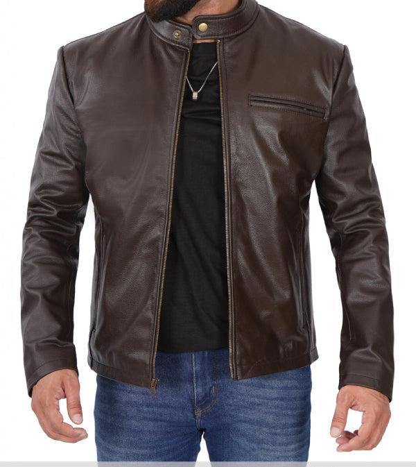Jnriver JNLJ0109 Schott Mens Dark Brown Cowhide Leather Cafe Racer Jacket