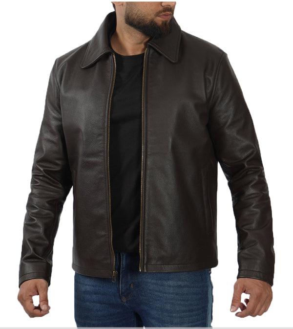 Jnriver JNLJ0110 Mens Dark Brown Shirt Collar Cowhide Leather Jacket