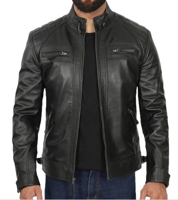 Jnriver JNLJ0114 Mens Quilted Shoulder Black Cafe Racer Leather Jacket