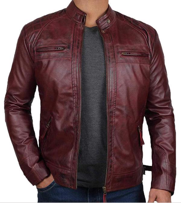 Jnriver JNLJ0117 Men’s Waxed Maroon Leather Biker Jacket
