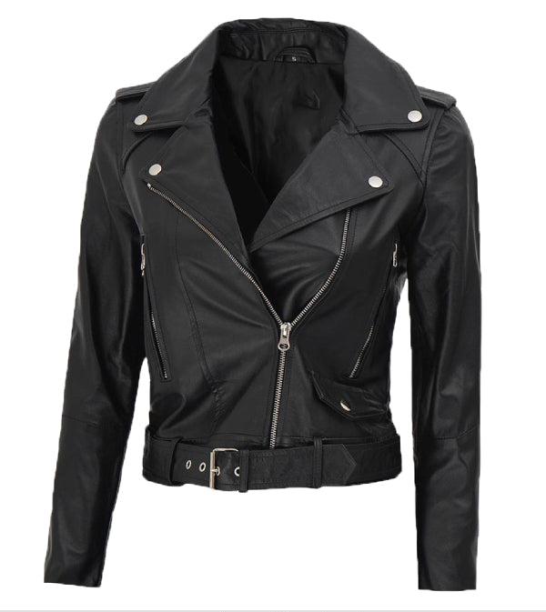 Jnriver JNLJ0124 Nellie Black Asymmetrical Cropped Leather Jacket Womens