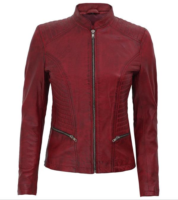 Jnriver JNLJ0130 Rachel Women's Maroon Slim Fit Leather Jacket