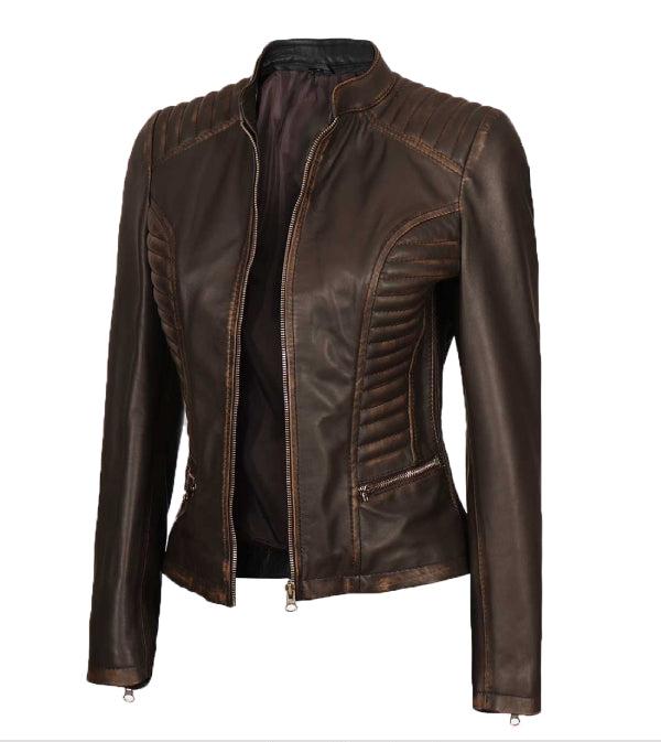 Jnriver JNLJ0132 Rachel Women's Rub Off Brown Slim Fit Leather Jacket