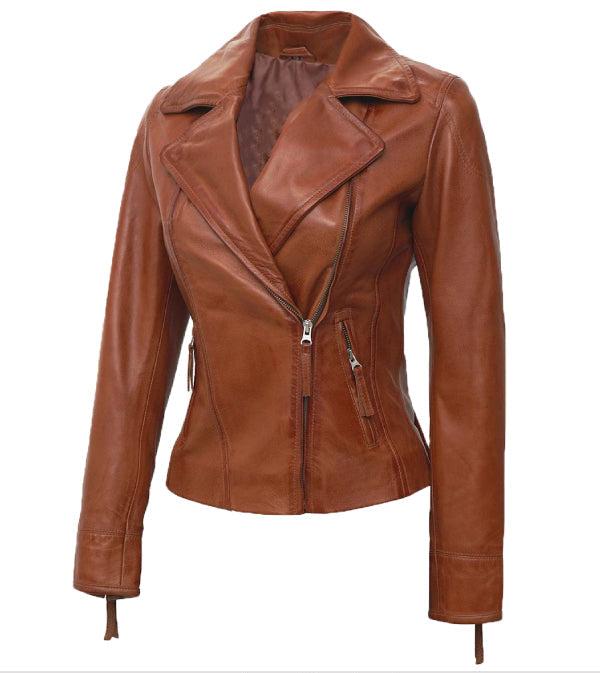 Jnriver JNLJ0135 Ramsey Tan Asymmetrical Leather Biker Jacket Women