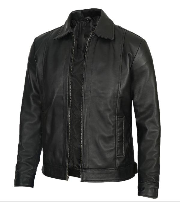 Jnriver JNLJ0137 Reeves Black Shirt Collar Vintage Black Leather Jacket