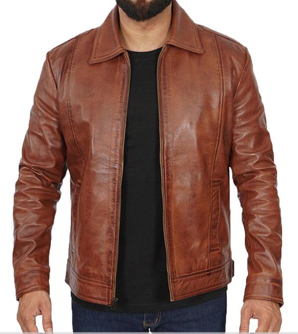 Jnriver JNLJ0138 Reeves Black Shirt Collar Vintage Brown Leather Jacket