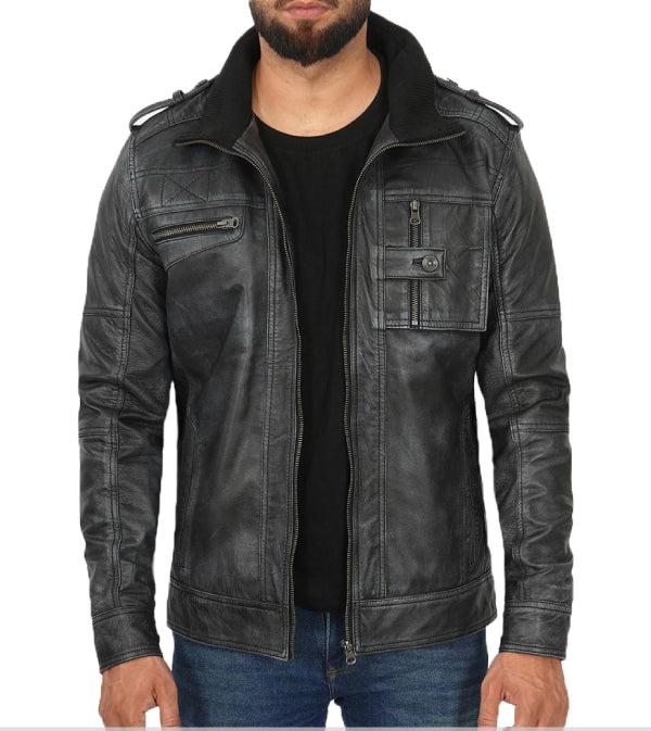 Jnriver JNLJ0141 Tavares Mens Cafe Racer Distressed Black Leather Jacket