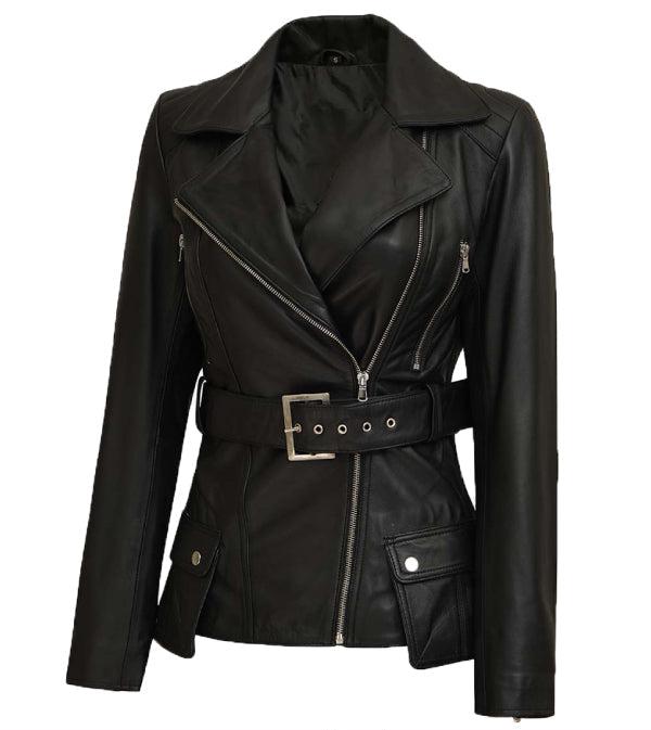 Jnriver JNLJ0148 Victoria Asymmetrical Black Four Pocket Belted Moto Jacket