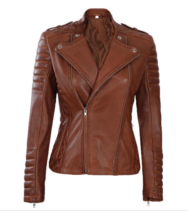 Jnriver JNLJ0151 Women Asymmetrical Motorcycle Quilted Cognac Leather Jacket