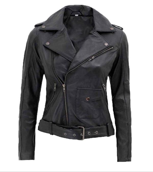 Jnriver JNLJ0153 Womens Asymmetrical Leather Motorcycle Jacket With Belted Waist