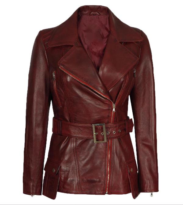 Jnriver JNLJ0154 Womens Maroon Asymmetrical Belted Leather Biker Jacket