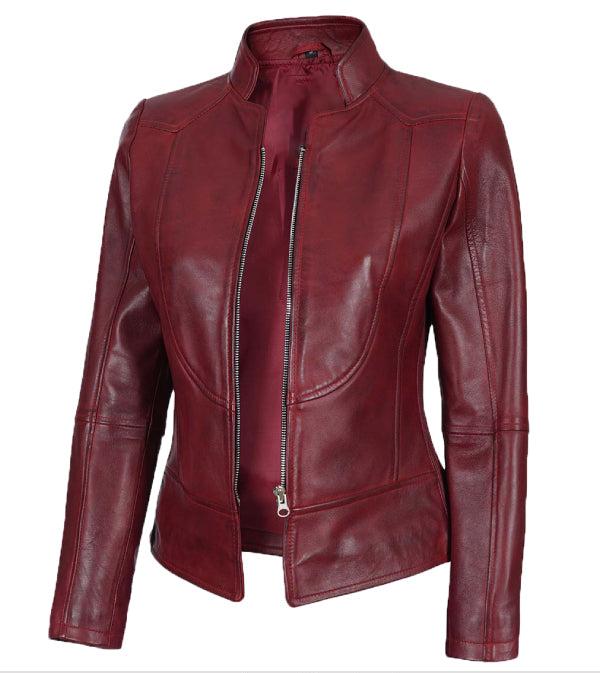 Jnriver JNLJ0155 Womens Maroon Slim Fitted Leather Jacket