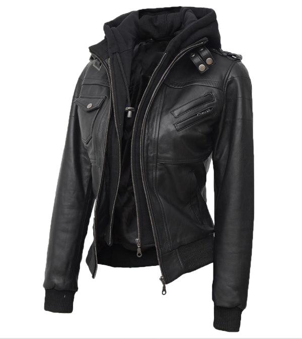 Jnriver JNLJ0158 Womens Black Leather Bomber Jacket With Removable Hooded