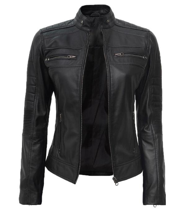 Jnriver JNLJ0159 Womens Black Real Leather Cafe Racer Jacket with Zip Closure