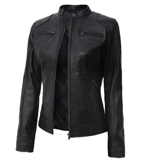 Jnriver JNLJ0160 Womens Black Real Leather Cafe Racer Jacket with snap button collar