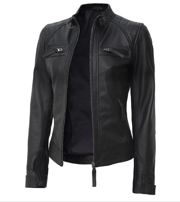 Jnriver JNLJ0161 Womens Black Real Leather Cafe Racer Jacket in four zipper pockets