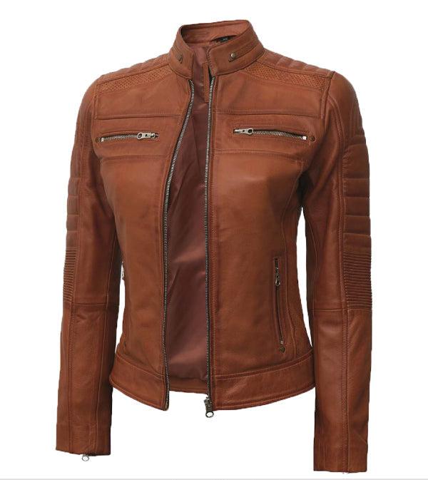 Jnriver JNLJ0162 Womens Brown Quilted Cafe Racer Leather Jacket in 100% Real Lambskin leather