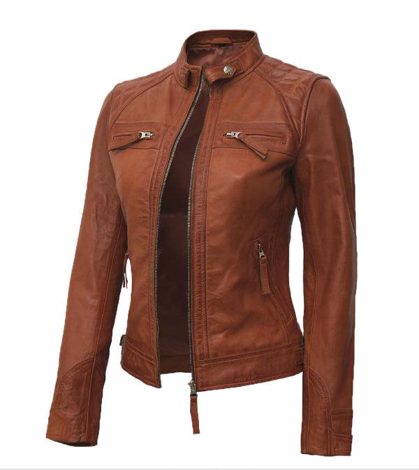 Jnriver JNLJ0163 Womens Brown Quilted Cafe Racer Leather Jacket with polyester lining