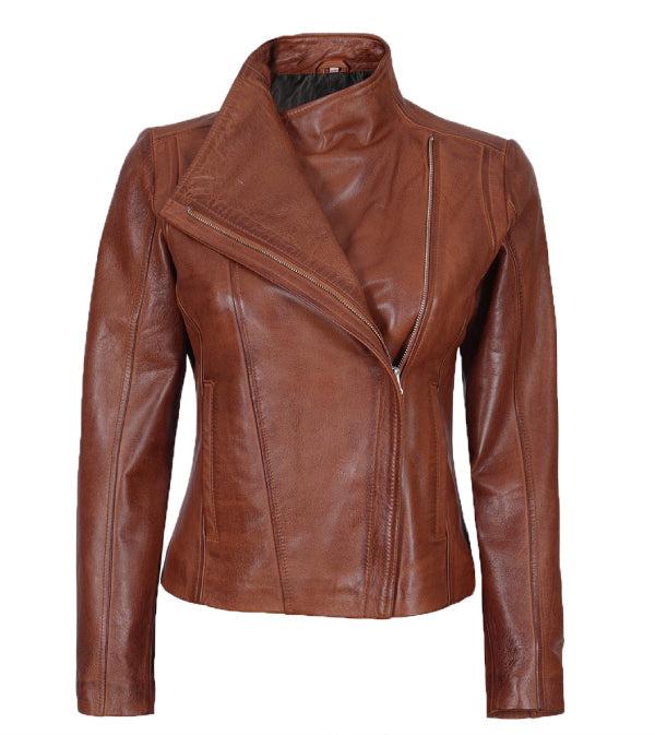 Jnriver JNLJ0165 Womens Cognac Asymmetrical Leather Biker Jacket