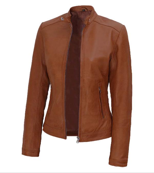 Jnriver JNLJ0166 Womens Cognac Leather Biker Jacket With Snap Tab Collar
