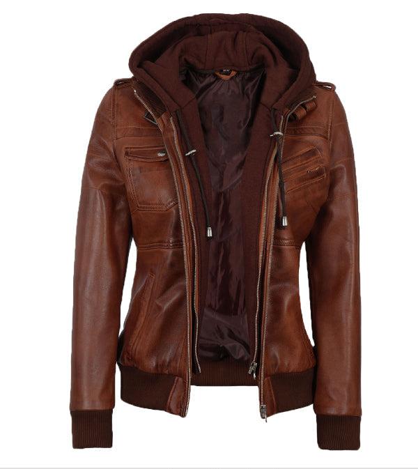 Jnriver JNLJ0167 Womens Cognac Leather Bomber Jacket With Removable Hood