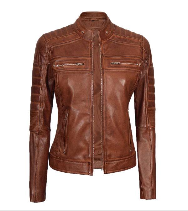 Jnriver JNLJ0169 Womens Cognac Quilted Cafe Racer Leather Jacket