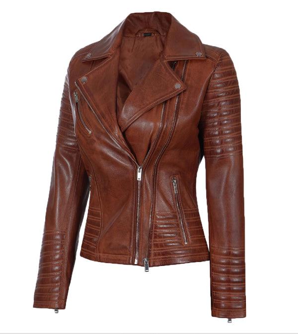 Jnriver JNLJ0171 Nicholle Womens Cognac Asymmetrical Leather Biker Jacket