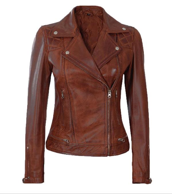Jnriver JNLJ0173 Womens Distressed Quilted Cognac Leather Motorcycle Jacket