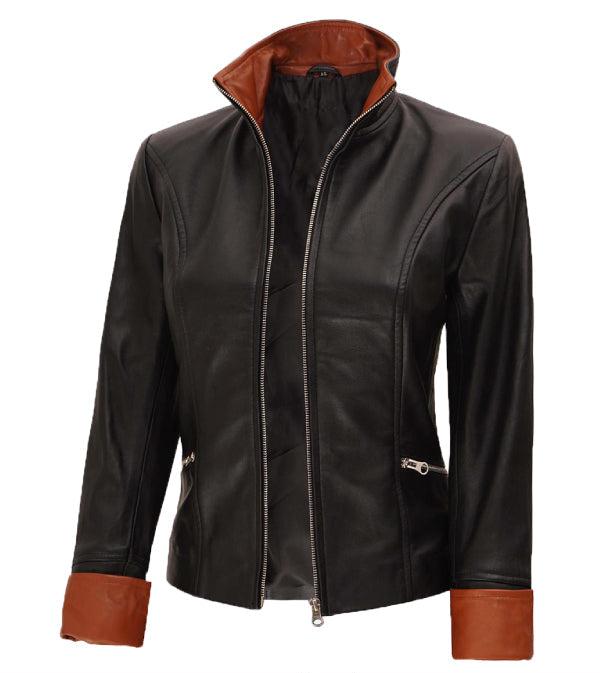 Jnriver JNLJ0174 Womens Fitted Black Leather Jacket with Brown Detailing