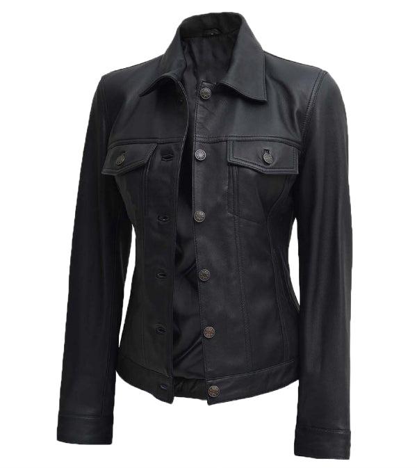 Jnriver JNLJ0175 Fernando Women Black Leather Trucker Jacket