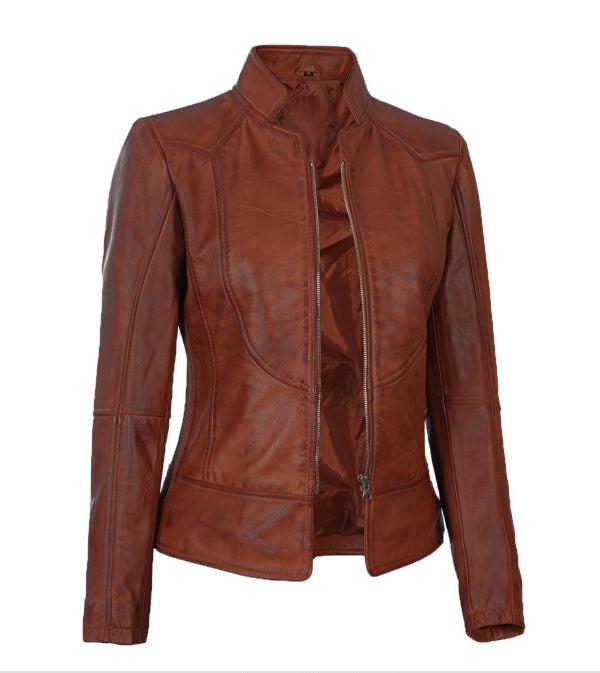 Jnriver JNLJ0176 Womens Hand Waxed Vintage Cognac Leather Biker Jacket