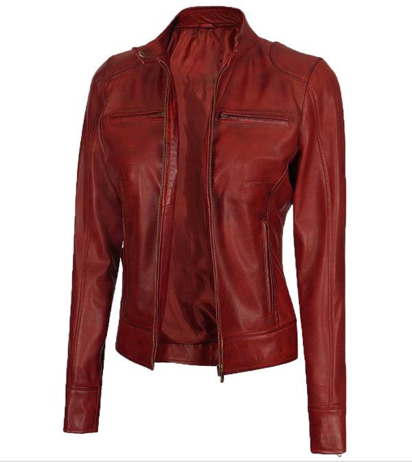 Jnriver JNLJ0177 Womens Maroon Real Leather Moto Jacket