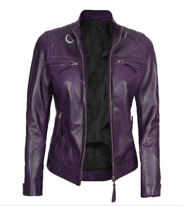 Jnriver JNLJ0180 Womens Purple Real Lambskin Leather Motorcycle Jacket