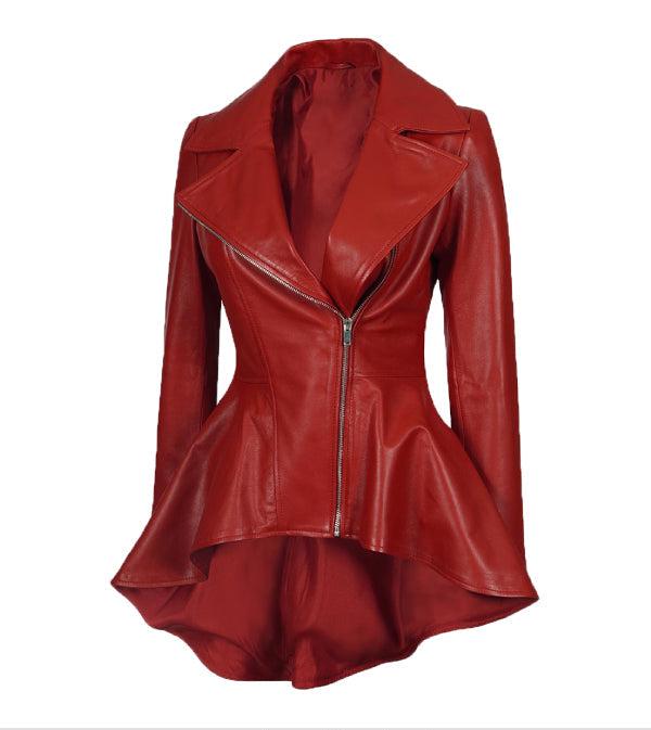 Jnriver JNLJ0181 Womens Red Leather Peplum Jacket