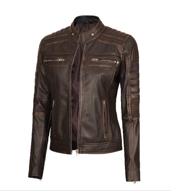 Jnriver JNLJ0183 Womens Ruboff Brown Cafe Racer Style Leather Jacket