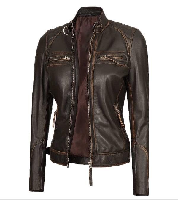 Jnriver JNLJ0184 Womens Rub off Leather Motorcycle Jacket With Quilted Shoulders
