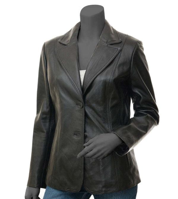 Jnriver JNLJ0185 Woman's Wide Lapel Two Button Black Leather Blazer Coat