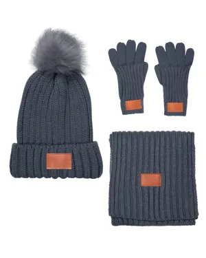 Leeman LG905 Three-Piece Rib Knit Fur Pom Winter Set