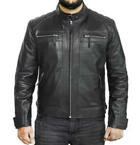 Men's Black Leather Biker Jacket with Quilted Shoulders